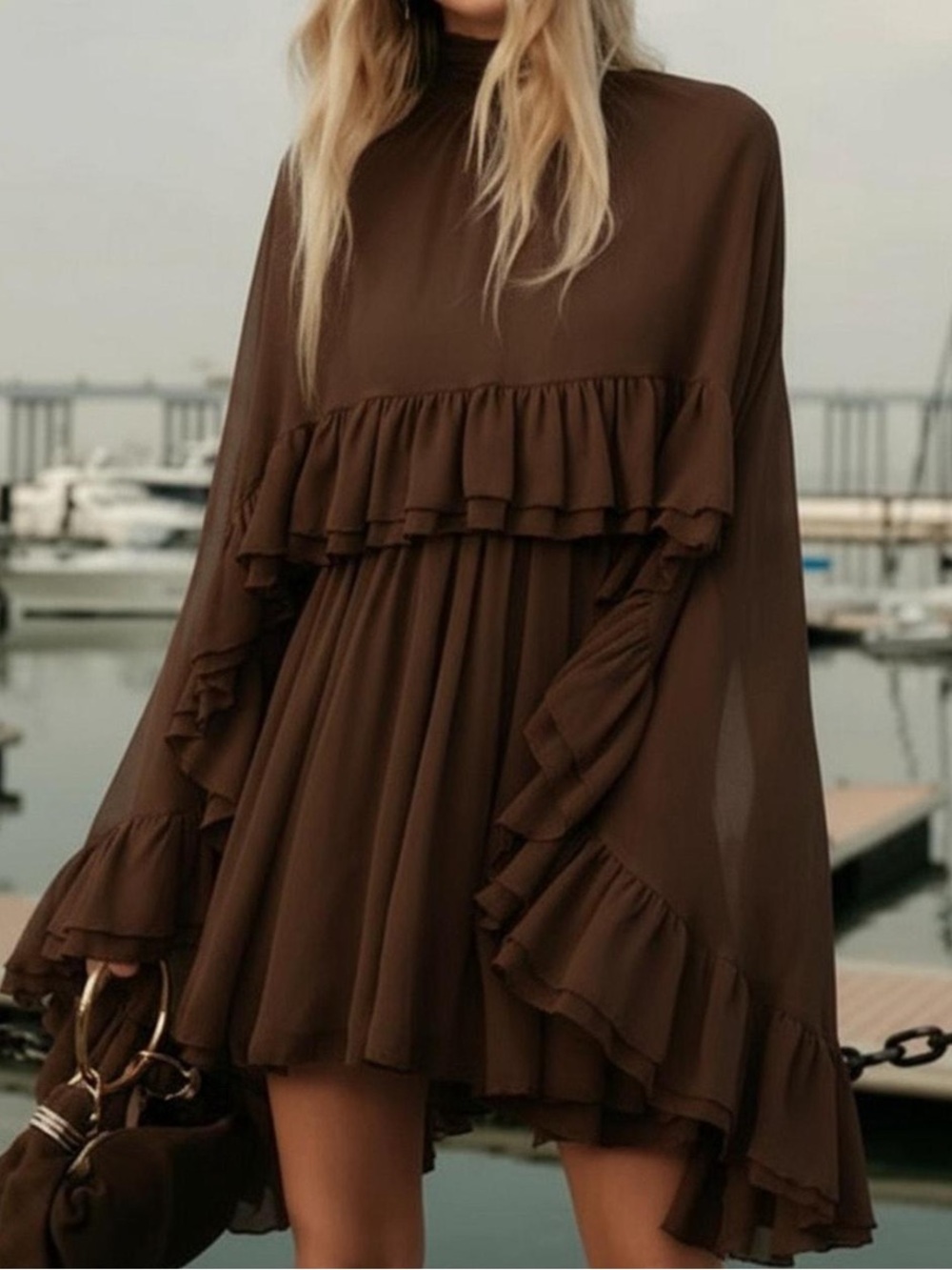 Commense Chocolate Brown Ruffle Mini Dress